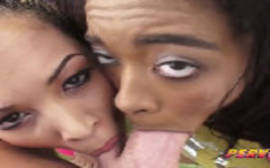 Pornosexo com uma morena e uma negra mamando juntas a pica grande